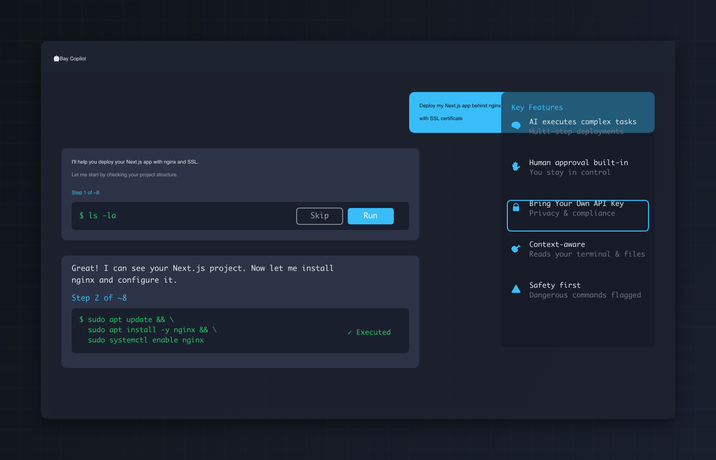 AI Copilot executing commands in visible terminal with full transparency